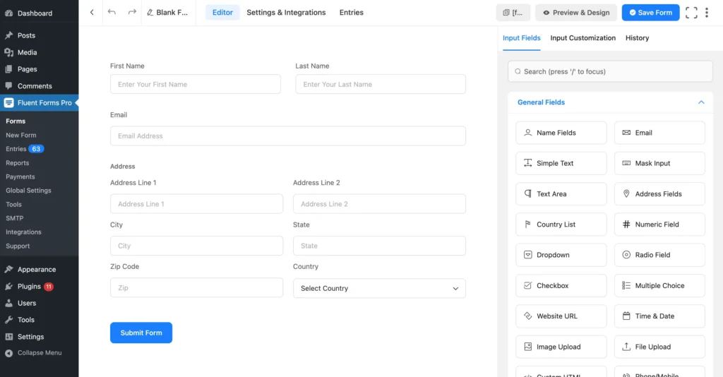 Fluent Forms form editor
